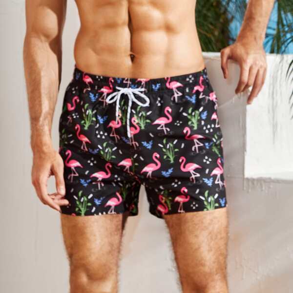 

Men Flamingo Print Drawstring Swim Trunks, Black