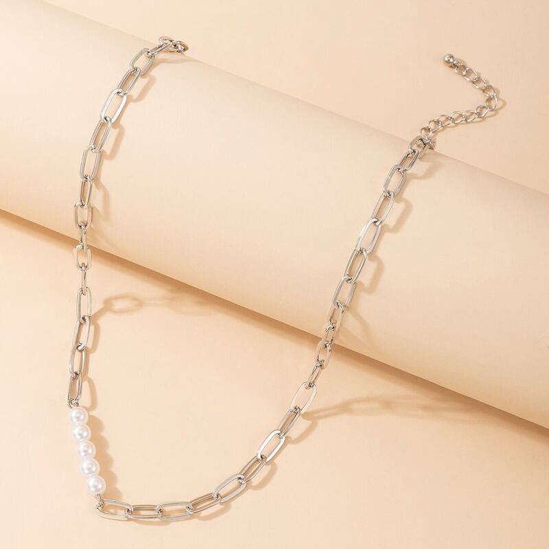 

Faux Pearl Decor Chain Necklace, Silver