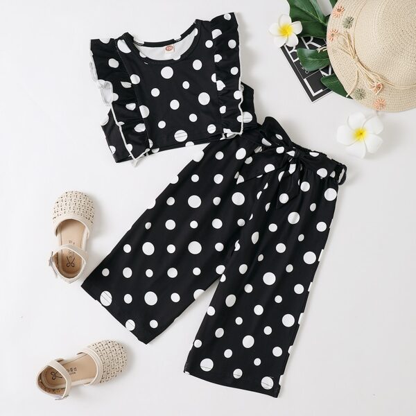 

Toddler Girls Polka Dot Ruffle Top With Belted Pants, Black