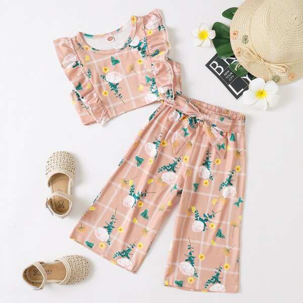 

Toddler Girls Floral Ruffle Top & Belted Pants, Coral pink