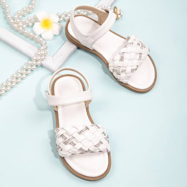 

Girls Rhinestone Decor Braided Sandals, White
