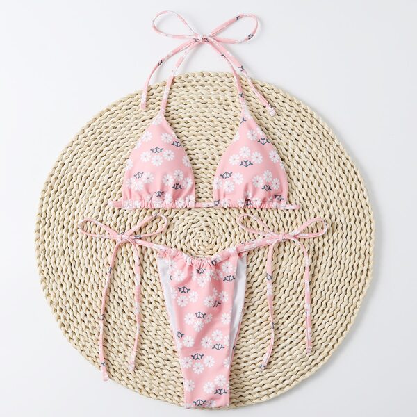 

Random Floral Halter Thong Bikini Swimsuit, Multicolor