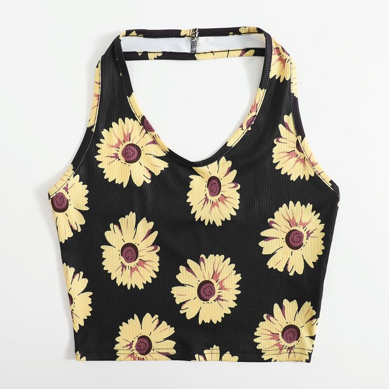 

Sunflower Print Ribbed Halter Top, Black