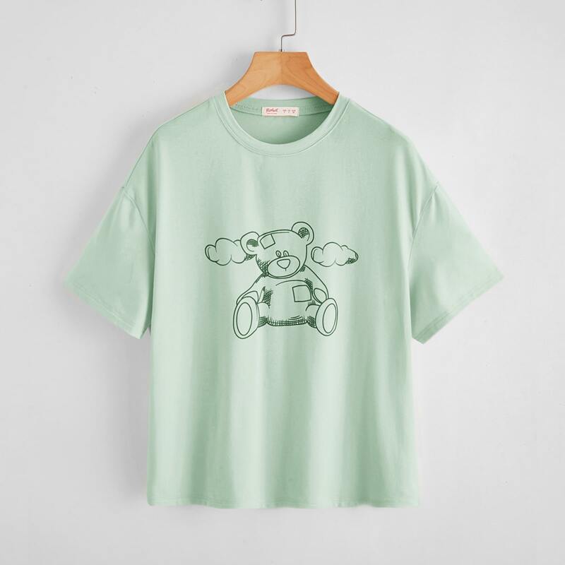 

Cartoon Bear Graphic Oversized Tee, Mint green