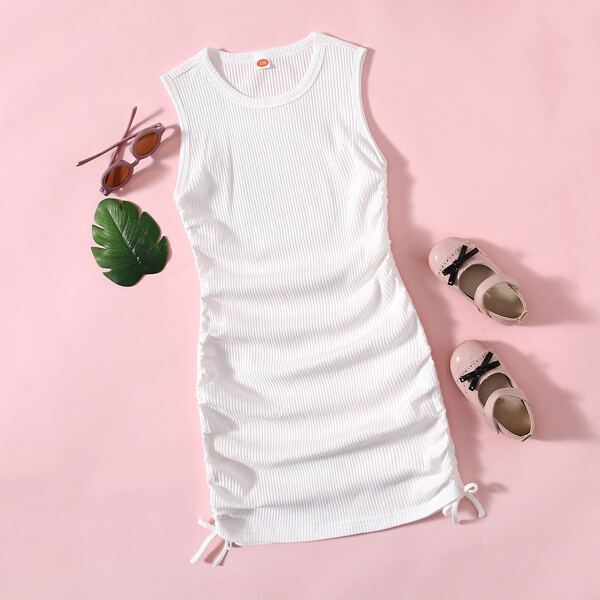 

Girls Rib-knit Drawstring Ruched Side Dress, White