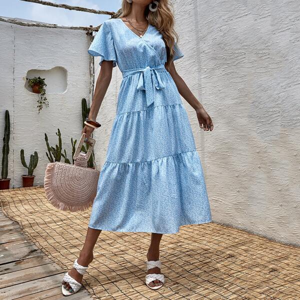

Ditsy Floral Butterfly Sleeve Belted Dress, Blue and white