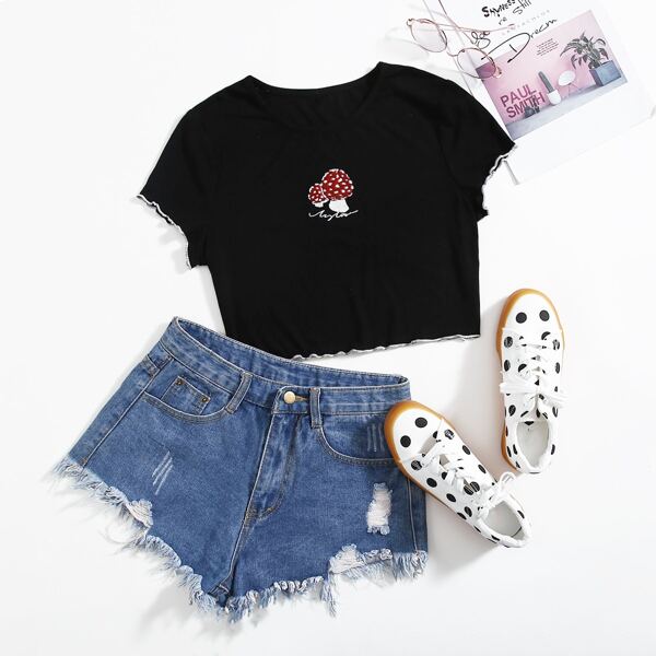 

Mushroom & Letter Embroidery Tee, Black