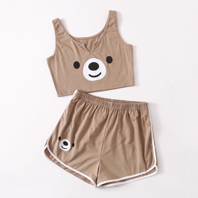 

Cartoon Graphic Ringer Pajama Set, Mocha brown