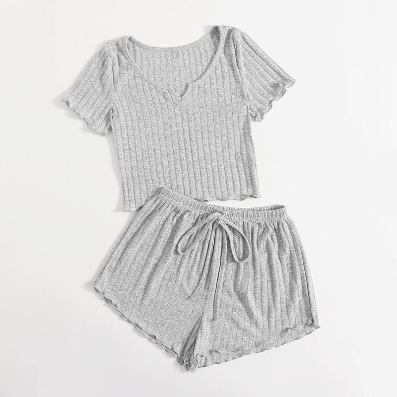 

Solid Lettuce Trim Pajama Set, Light grey