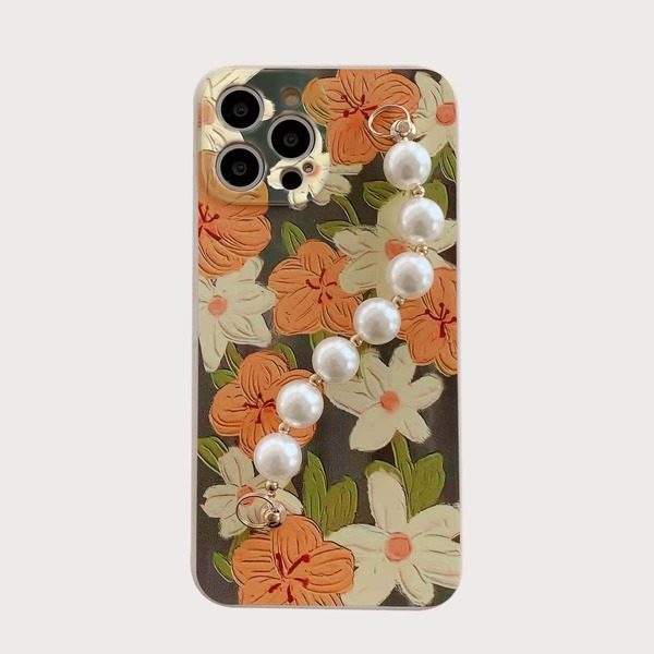 

Floral Phone Case With Faux Pearl Beaded Handstrap, Multicolor