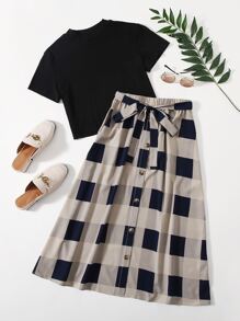 SHEIN LUNE Solid Top & Self Belted Buffalo Plaid Skirt Set - Multicolor - View 2