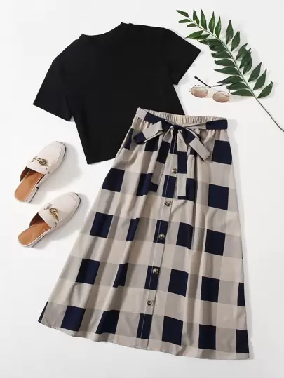 SHEIN LUNE Solid Top & Self Belted Buffalo Plaid Skirt Set