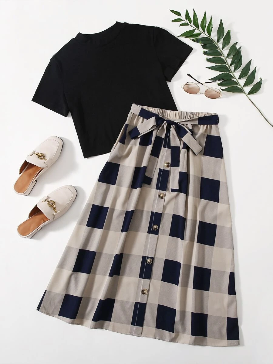 SHEIN LUNE Solid Top & Self Belted Buffalo Plaid Skirt Set