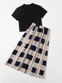 SHEIN LUNE Solid Top & Self Belted Buffalo Plaid Skirt Set - Multicolor - View 3