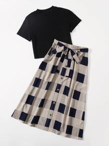 SHEIN LUNE Solid Top & Self Belted Buffalo Plaid Skirt Set - Multicolor - View 5
