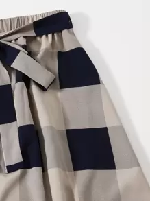 SHEIN LUNE Solid Top & Self Belted Buffalo Plaid Skirt Set - Multicolor - View 6