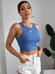 SHEIN EZwear Solid Rib-Knit Crop Tank Top,Commute,Minimalist,Office,Old Money,Simple - Blue - View 5