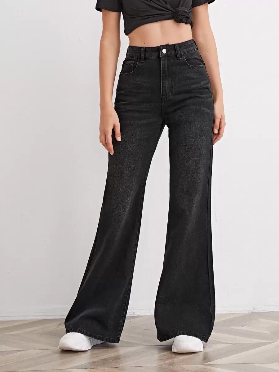 High-Waisted Slant Pocket Flare Leg Jeans - Black - View 1