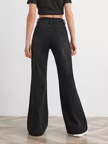 High-Waisted Slant Pocket Flare Leg Jeans - Black - View 2
