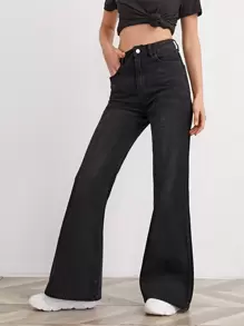 High-Waisted Slant Pocket Flare Leg Jeans - Black - View 3