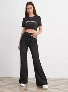 High-Waisted Slant Pocket Flare Leg Jeans - Black - View 4