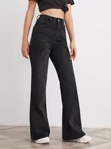 High-Waisted Slant Pocket Flare Leg Jeans - Black - View 5