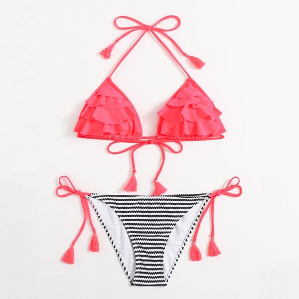 

Striped Tiered Layer Micro Triangle Bikini Swimsuit, Multicolor