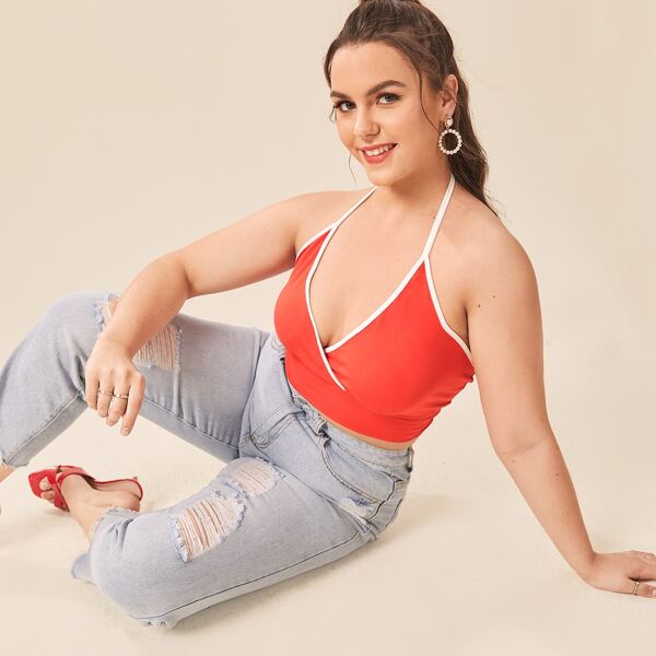 

Plus Binding Tie Back Halter Top, Red