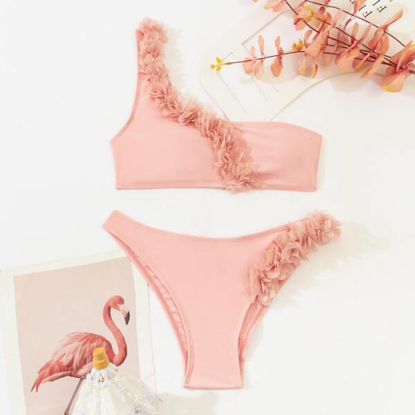 

Appliques One Shoulder Bikini Swimsuit, Coral pink