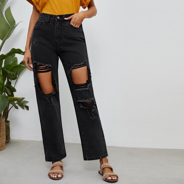 

Cut Out Ripped Straight Leg Jeans, Black