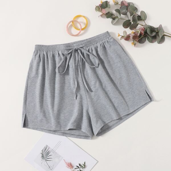 

Plus Knot Front Split Hem Sleep Shorts, Grey