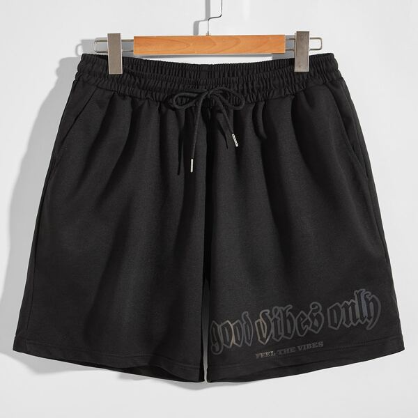 

Men Reflective Slogan Graphic Drawstring Shorts, Black
