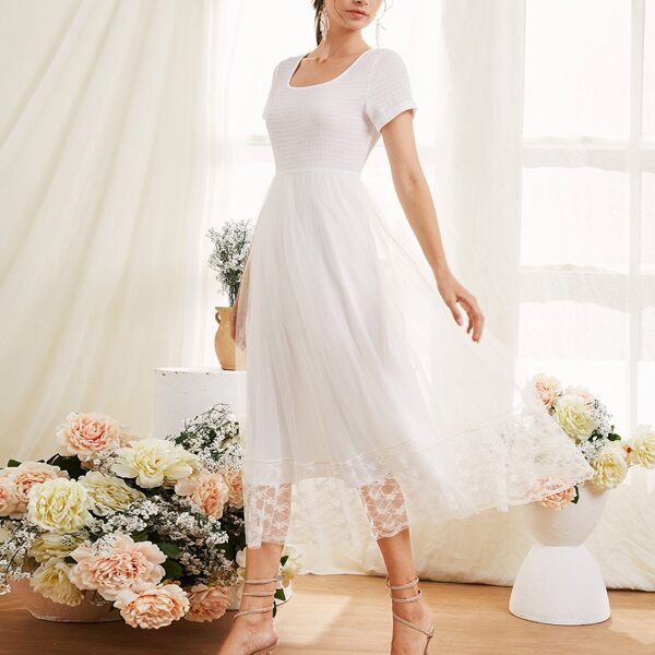 

Mesh Panel Scoop Neck A-line Dress, White