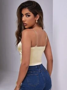 SHEIN SXY 鏈條細節顺滑露肩吊帶短版上衣 - 香檳色 - 查看 2