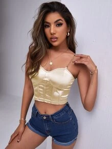 SHEIN SXY 鏈條細節顺滑露肩吊帶短版上衣 - 香檳色 - 查看 4