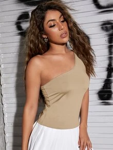 Solid One Shoulder Top - كاكي - مشاهدة 2