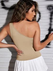 Solid One Shoulder Top - كاكي - مشاهدة 3