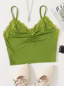 SHEIN EZwear Top de tirantes fruncido con encaje en contraste - Verde Lima - Ver 1