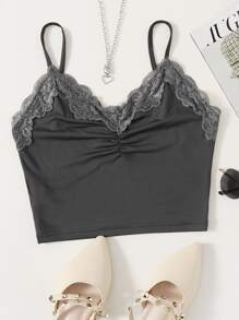Muchica Contrast Lace Ruched Cami Top - Dark Grey - View 1