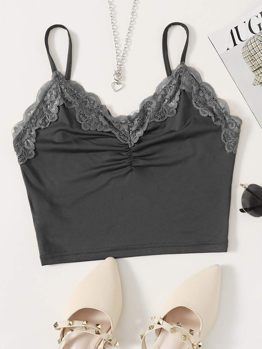Muchica Contrast Lace Ruched Cami Top - Dark Grey - View 1
