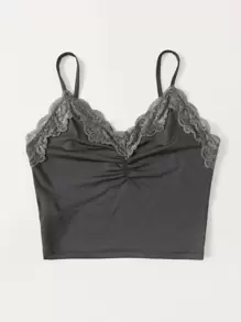 Muchica Contrast Lace Ruched Cami Top - Dark Grey - View 3