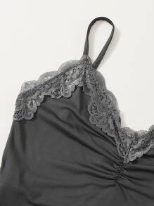 Muchica Contrast Lace Ruched Cami Top - Dark Grey - View 4