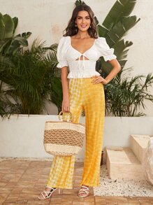 SHEIN Flounce Sleeve Tie Front Shirred Ruffle Hem Top - White - View 4