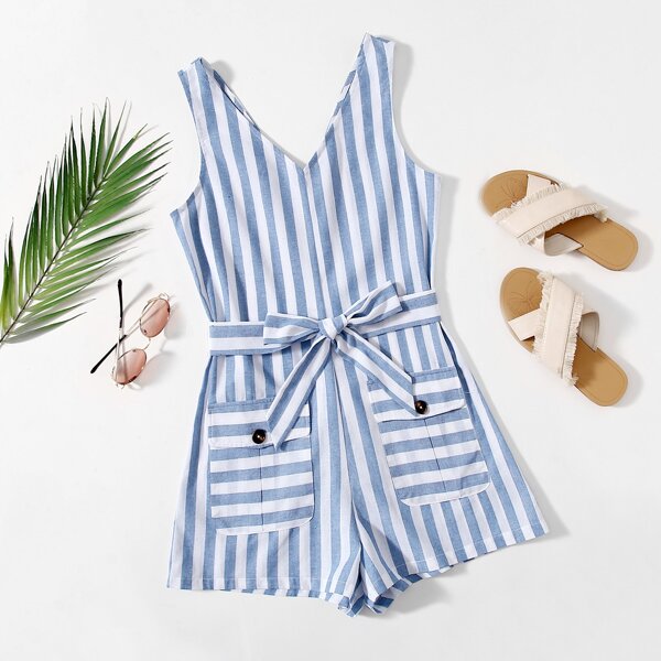 

Two Tone Striped Flap Pocket Belted Romper, Blue and white