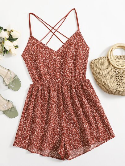 Allover Print Crisscross Back Slip Romper