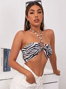 SHEIN ICON 十字交叉繫帶露背斑馬紋條紋繞頸上衣 - 黑與白 - 查看 3