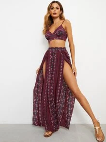 SHEIN VCAY Tie Backless Crop Cami Top & M-slit Thigh Skirt Set