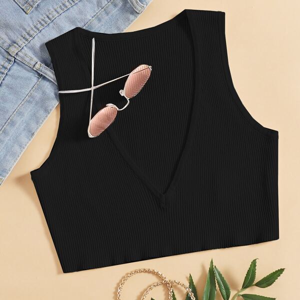 

Plunging Neck Crop Knit Top, Black