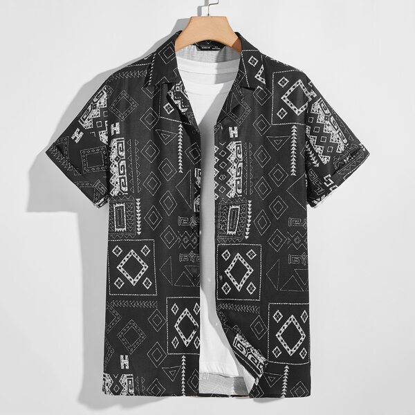 

Men Lapel Collar Cuffed Sleeve Geo Print Shirt, Black and white