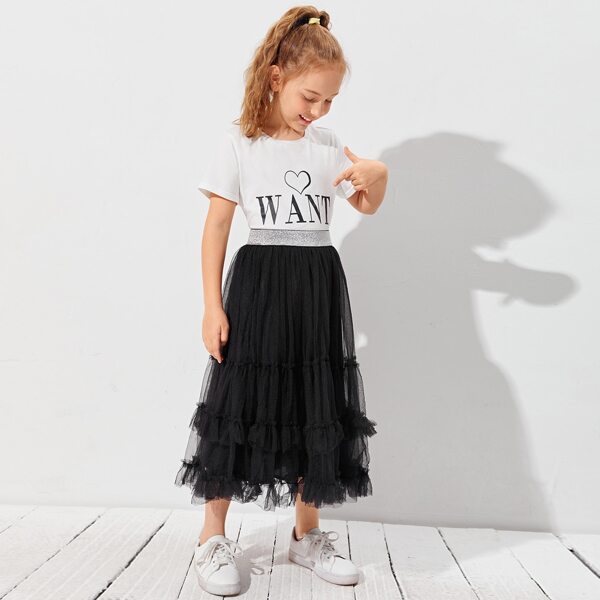 

Girls Letter and Heart Print Top & Layered Ruffle Hem Mesh Skirt Set, Black and white